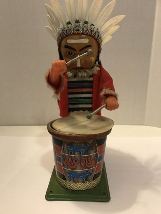 Vtg Nomura T N Japan Tin Toy Native American Indian Chief Drummer Brave Eagle