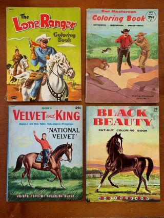 Vtg Coloring Books Lone Ranger Cowboys Bat Masterson Black Beauty Velvet 1950s