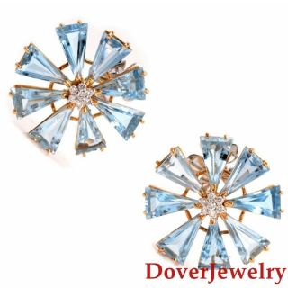 Italian Diamond 32.  20ct Aquamarine 18k Gold Large Flower Earrings 19.  1 Grams Nr