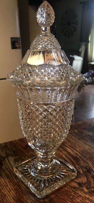Vintage Clear Glass Diamond Point Compote Urn Candy W/ Lid Apothecary Jar Dish