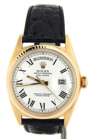 Mens Rolex Day - Date President 18k Yellow Gold Watch Black Band White Roman 1803