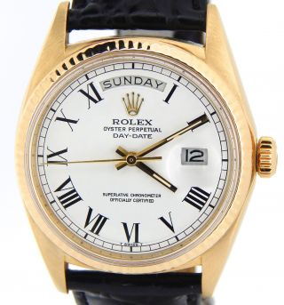 Mens Rolex Day - Date President 18K Yellow Gold Watch Black Band White Roman 1803 2