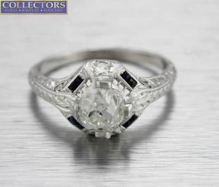 Antique Art Deco Platinum 0.  89ctw Diamond Sapphire Filigree Engagement Ring