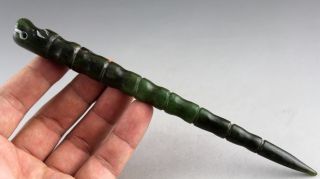 6.  9  Chinese Old Green Hetian Jade Hand - Carved Bamboo Hairpin Hair Clasp 0191