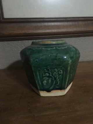Antique 19th C Chinese Green Glazed Hexagonal Earthenware Pottery Ginger Jar