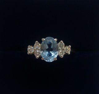 Vintage C.  1984 Aquamarine And Diamond Cluster Ring 9ct Yellow Gold - Size M