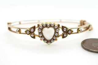 V Pretty Antique English 15k Gold Heart Shaped Moonstone & Pearl Bangle C1900