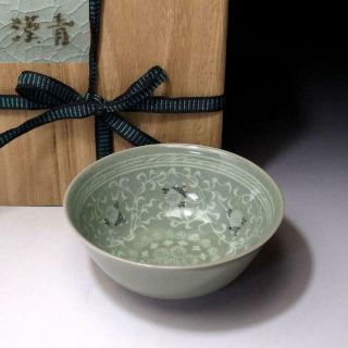 Ym7: Vintage Korean Celadon Tea Bowl By Famous Potter,  Kim Fu Han