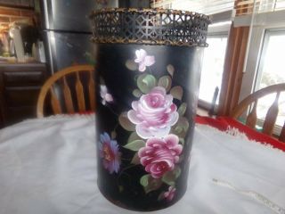 Vtg Tole Ware Hand Painted Waste Basket Black Pink Floral W Feet Crown Top