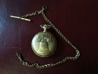 Liberty Bell Pocket Watch By Majestime - 1976 W/chain & Fob -