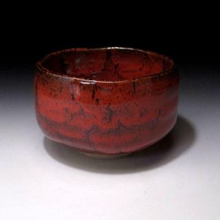 AH2: Japanese Pottery Tea Bowl,  Seto Ware,  Samurai Red Glaze 2
