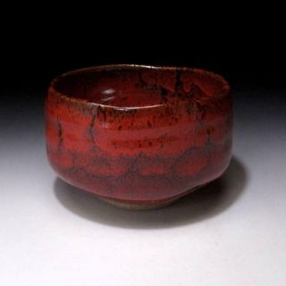 AH2: Japanese Pottery Tea Bowl,  Seto Ware,  Samurai Red Glaze 4