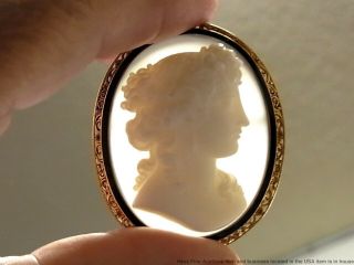 Massive 18k Gold Cameo Pin Antique Finely Carved Hard Stone Signed Numbered 40gr 10