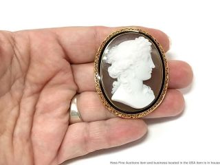 Massive 18k Gold Cameo Pin Antique Finely Carved Hard Stone Signed Numbered 40gr 12
