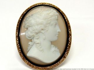 Massive 18k Gold Cameo Pin Antique Finely Carved Hard Stone Signed Numbered 40gr