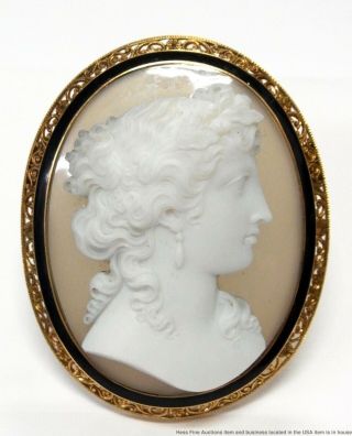 Massive 18k Gold Cameo Pin Antique Finely Carved Hard Stone Signed Numbered 40gr 2