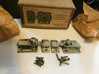 2 Nos Old Art Deco Nickel Plate Brass Cabinet Cupboard Door Latch Lock Catch