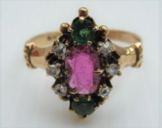 Antique Victorian Gold,  Ruby,  Green Garnet & Diamond Ring 3