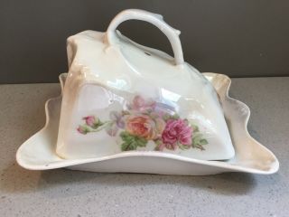 Antique Unmarked Rs Prussia Porcelain Roses Luster Covered Butter Cheese Dish