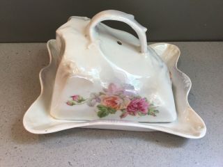 Antique Unmarked RS Prussia Porcelain Roses Luster Covered Butter Cheese Dish 2