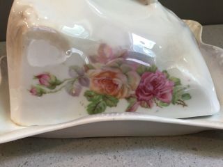 Antique Unmarked RS Prussia Porcelain Roses Luster Covered Butter Cheese Dish 3