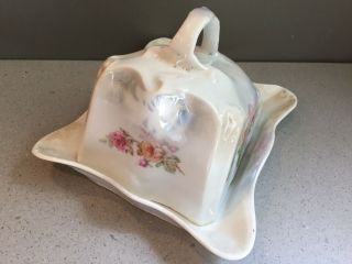 Antique Unmarked RS Prussia Porcelain Roses Luster Covered Butter Cheese Dish 4