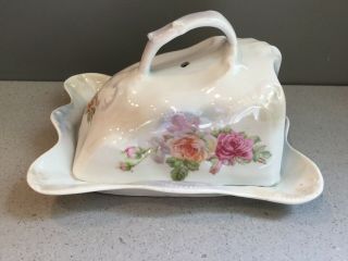Antique Unmarked RS Prussia Porcelain Roses Luster Covered Butter Cheese Dish 5