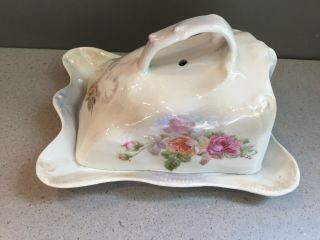 Antique Unmarked RS Prussia Porcelain Roses Luster Covered Butter Cheese Dish 6