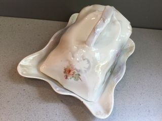 Antique Unmarked RS Prussia Porcelain Roses Luster Covered Butter Cheese Dish 7