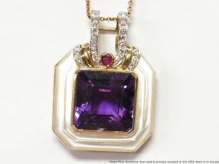 Huge 25ct Natural Amethyst Ruby Fine Diamond 14k Gold Slide Pendant For Necklace