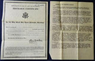 Replacement Discharge Cert.  For Wwi Pilot & A Doc.  Poking Fun At Military Terms