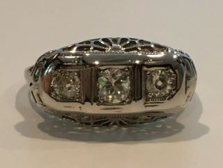 14k White Gold Vintage 3 Stone European Diamond Filigree Ring