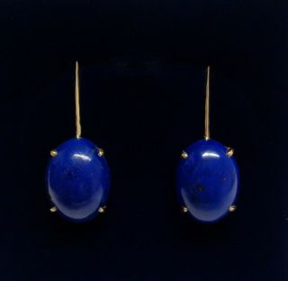 Fine Vintage Large Lapis Lazuli Drop Earrings 14ct Yellow Gold - Length 37 Mm
