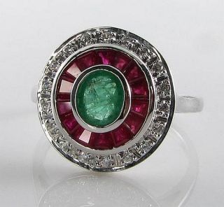 Class 9k 9ct White Gold Emerald Ruby Diamond Art Deco Ins Ring Resize