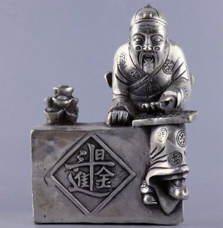Collect Antique Tibet Silver Hand Carve Ancient Merchant & Wealth Amusing Statue