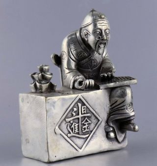 Collect Antique Tibet Silver Hand Carve Ancient Merchant & Wealth Amusing Statue 2