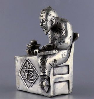 Collect Antique Tibet Silver Hand Carve Ancient Merchant & Wealth Amusing Statue 3