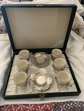 Vintage Espresso Coffee Set In Case White Porcelain W Silver Plate Trim & Saucer