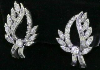 Antique Art Deco Heavy Platinum 3.  50ct Vs1/f Diamond Floral Screw Back Earrings