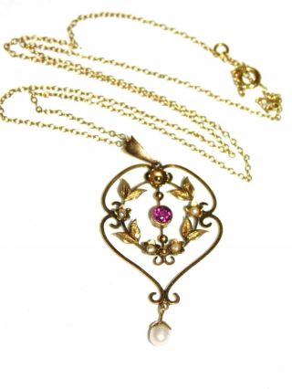 Magnificent,  Antique,  9ct Gold Ruby & Pearl Lavalier Pendant On Chain Necklace