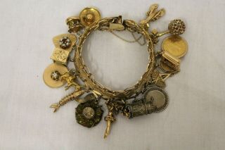 Vintage 14k Gold Charm Bracelet 18 Charms 1/2 " Wide 7 " Long Hallmark 2.  7 Oz