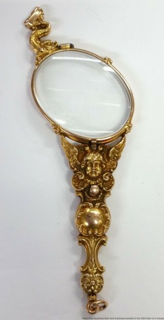 Most Art Nouveau 18k Gold Cherub Serpent Lorgnette Antique Folding Opera Glasses 10