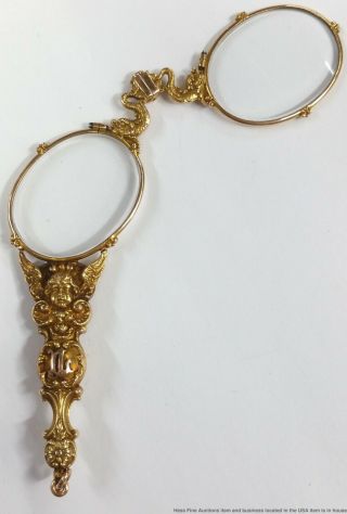 Most Art Nouveau 18k Gold Cherub Serpent Lorgnette Antique Folding Opera Glasses 11