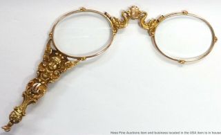 Most Art Nouveau 18k Gold Cherub Serpent Lorgnette Antique Folding Opera Glasses