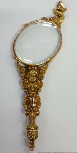 Most Art Nouveau 18k Gold Cherub Serpent Lorgnette Antique Folding Opera Glasses 2