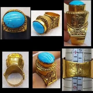 18k Old Gold Antique Huge King Ring With Persian Nishapur Turquoise Stone T7