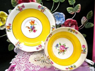 Foley Tea Cup And Saucer Yellow Floral Rose Tulip Pattern Teacup Pale Bands