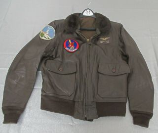 Vtg Us Navy Usn G - 1 Leather Flight Aviation Jacket Sz L,  40,  With History,  Patches