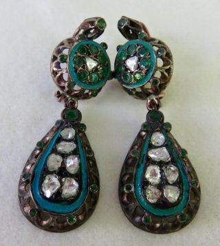 Antique Georgian - Victorian 2.  15 Ct.  Rose Cut Diamond & Emerald Enamel Earrings