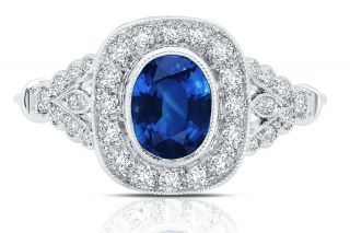 1.  97 Tcw Art Deco Diamond Oval Blue Sapphire Antique Vintage Platinum Ring